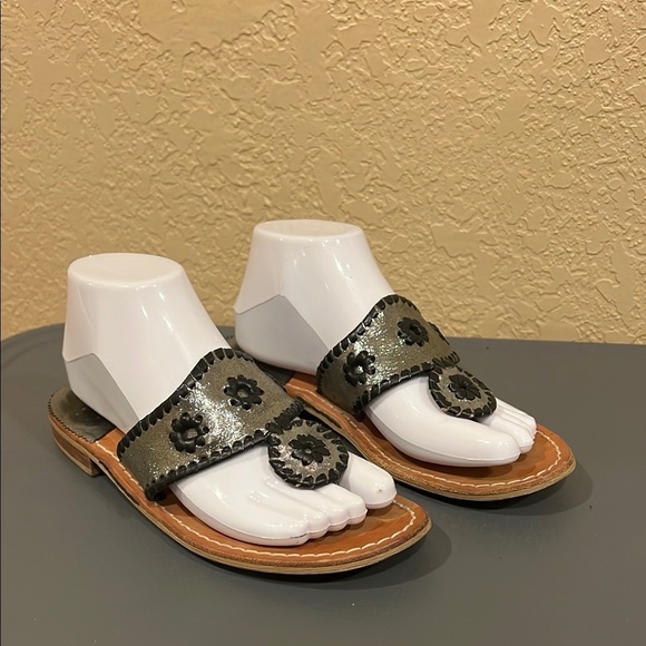 Jack Rogers Metallic Leather Navajo Sandals Black Silver Trim Sz 9 - Picture 2 of 10